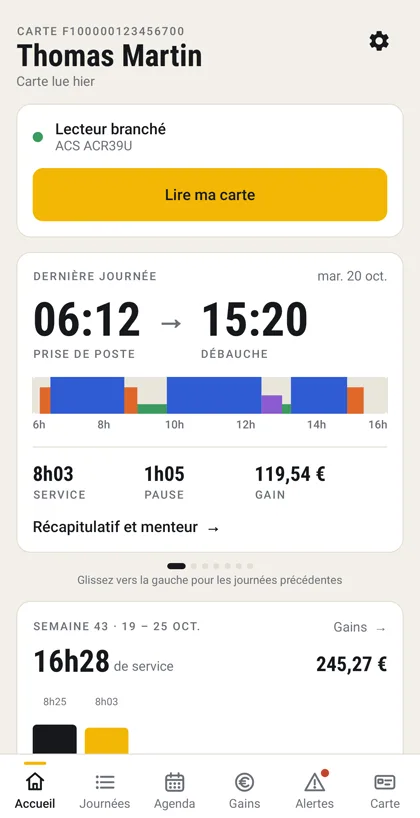 Écran d'accueil de TachoApp Pro