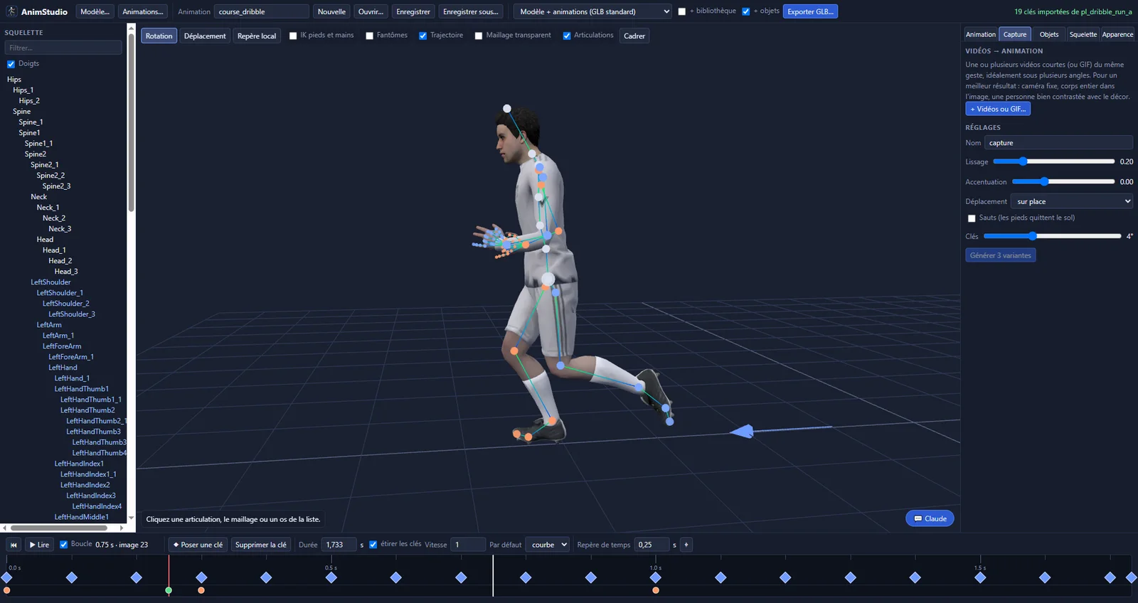 AnimStudio : vue de profil du joueur en foulée, avec la barre de temps